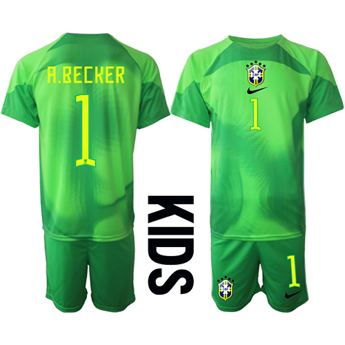 Brasilien Alisson Becker #1 Torwart Fußballbekleidung Auswärtstrikot Kinder WM 2022 Kurzarm (+ kurze hosen)
